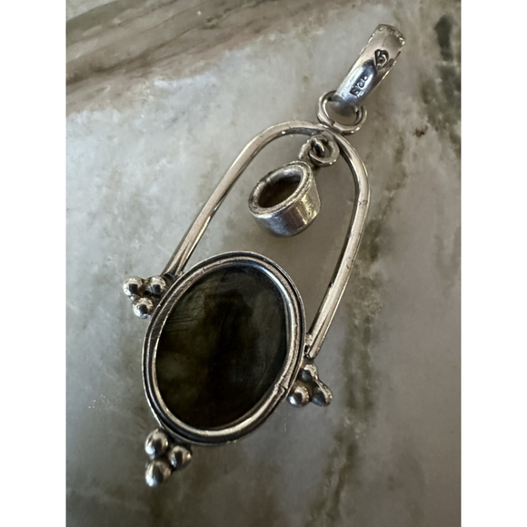 Lg Vtg Sterling Silver 925 2.5” Pendant Labradorite Iridescent Blue Gray Flash - Picture 10 of 10